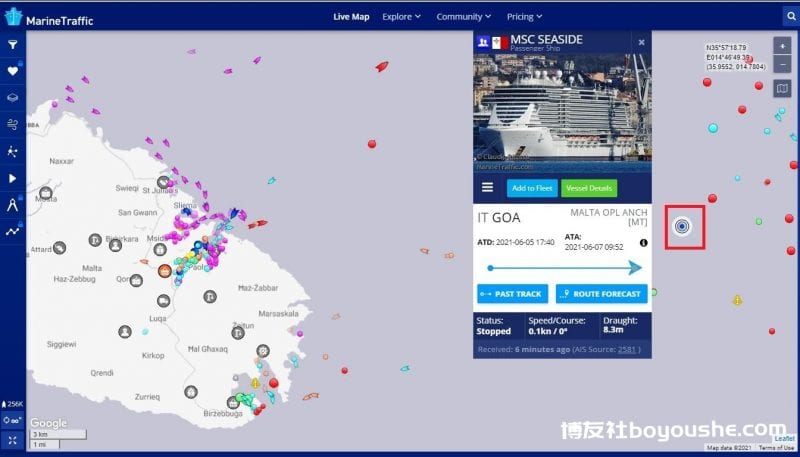 MSC Seaside 原定于周一抵达马耳他 照片：海上交通网站截图