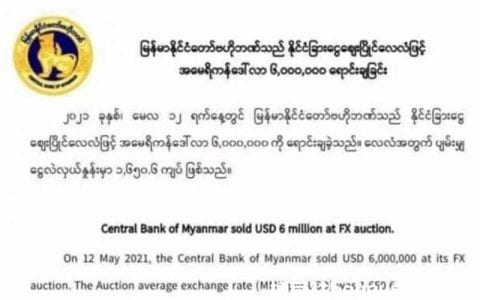 缅甸央行投放六百万美元平衡市场