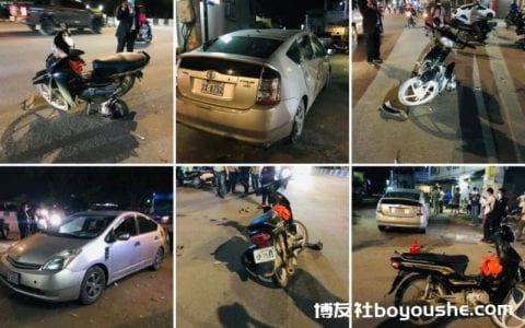 金边两名男子骑车不慎撞到中国人汽车，一人被送医急救！
